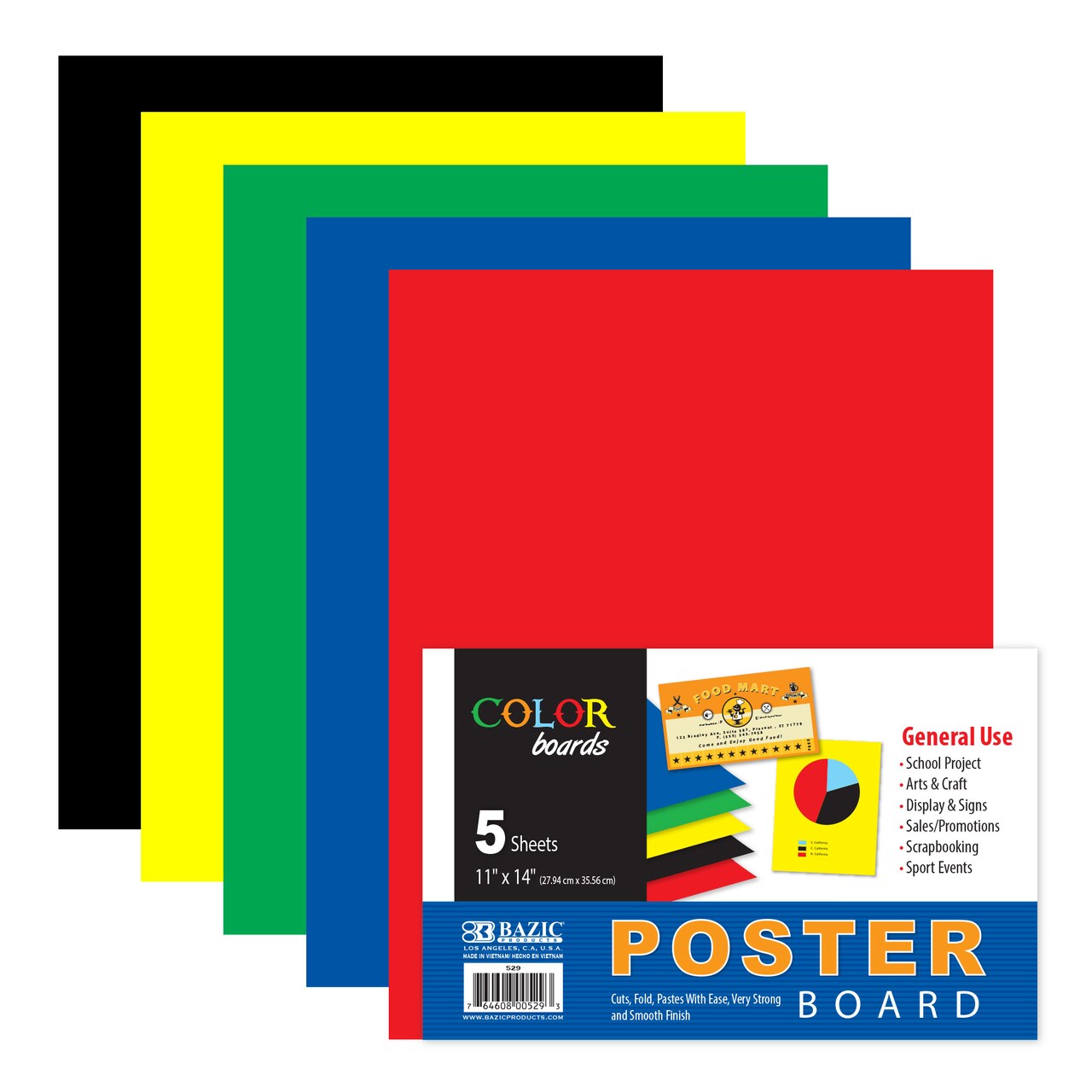 BAZIC Multi Color Poster Board, 11 x 14 in, 5 Pack, Matte Paper Surface